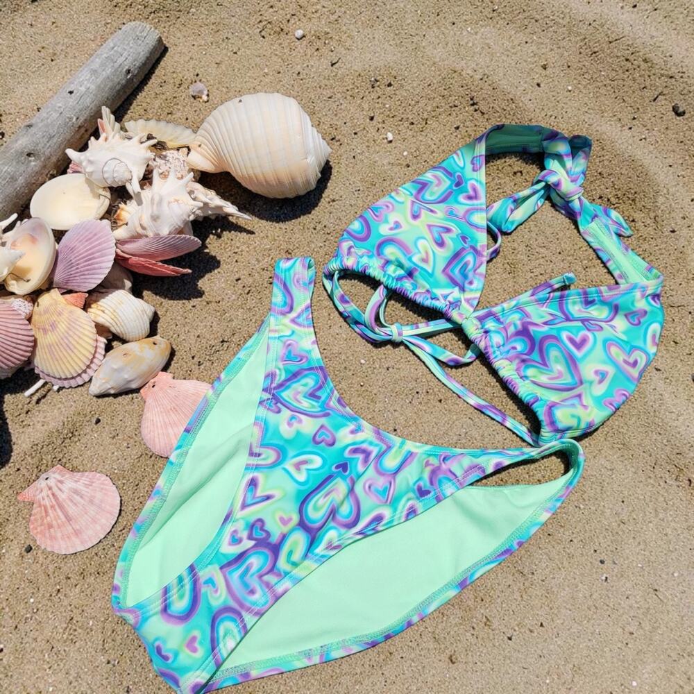 NWT Wild Fable Bikini Set 2 PC Aqua & Hearts SM cheeky